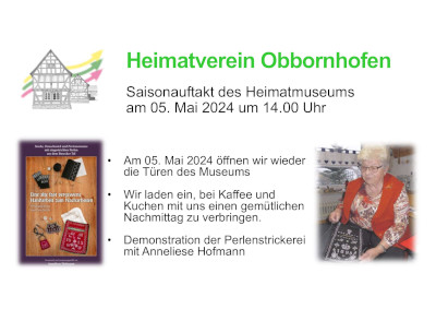 Plakat Saisonauftakt Heimatmuseum am 5. Mai 2024